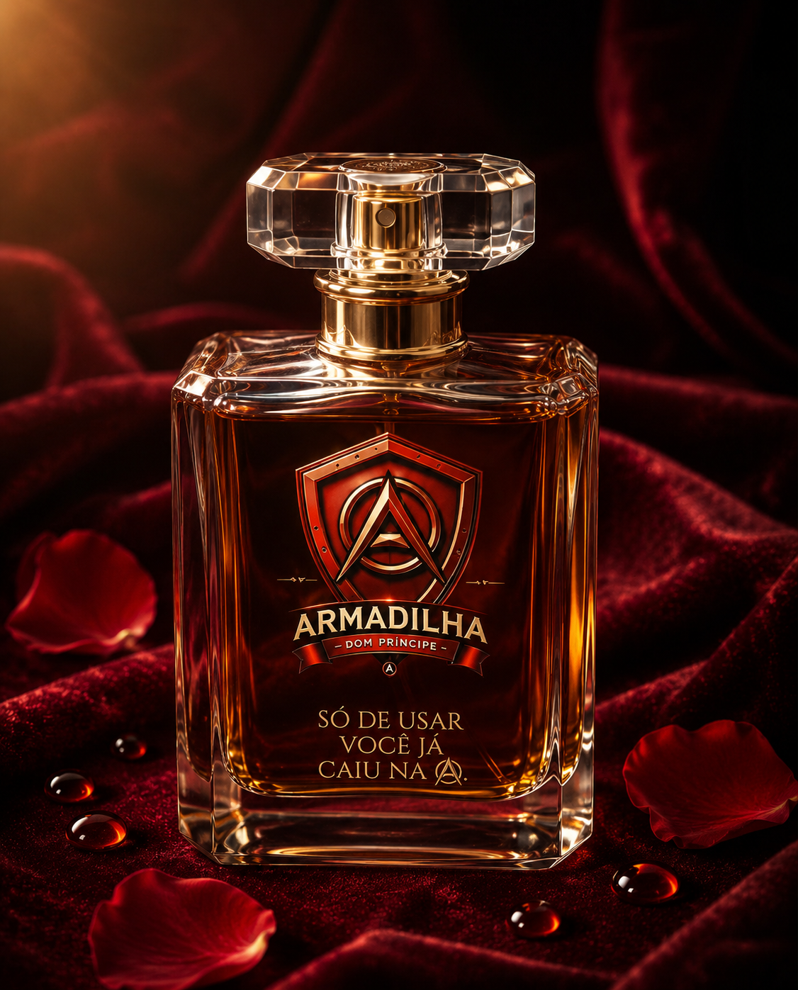 Frasco do perfume Armadilha® sobre veludo vinho