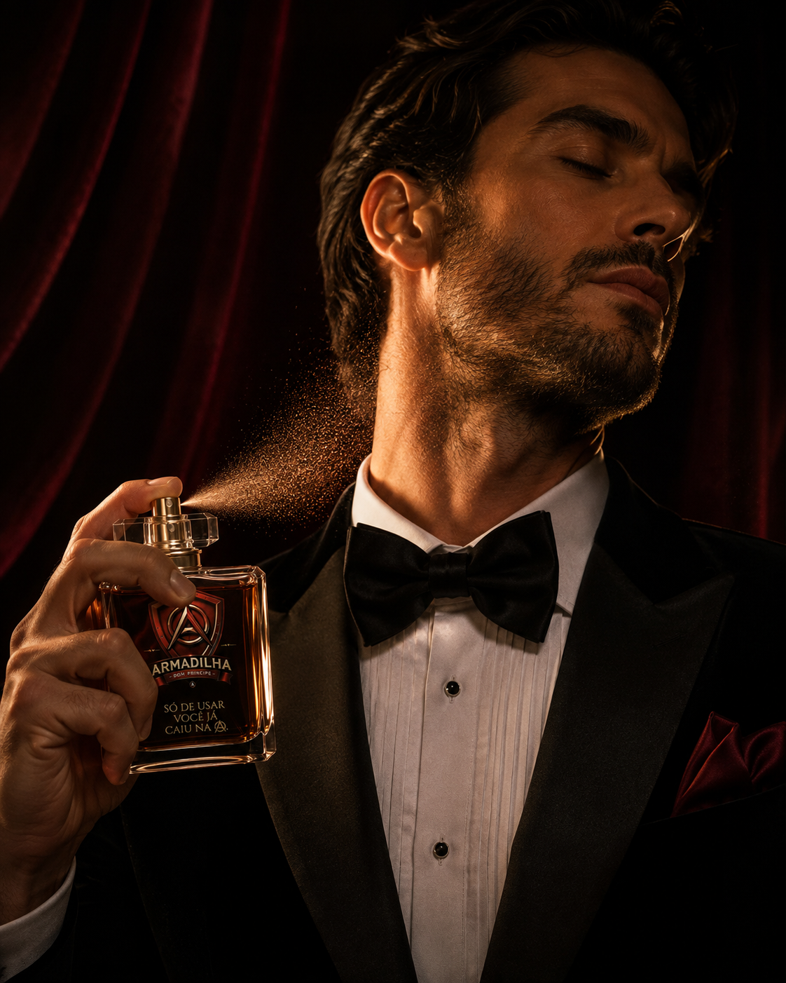 Homem de smoking aplicando o perfume Armadilha®