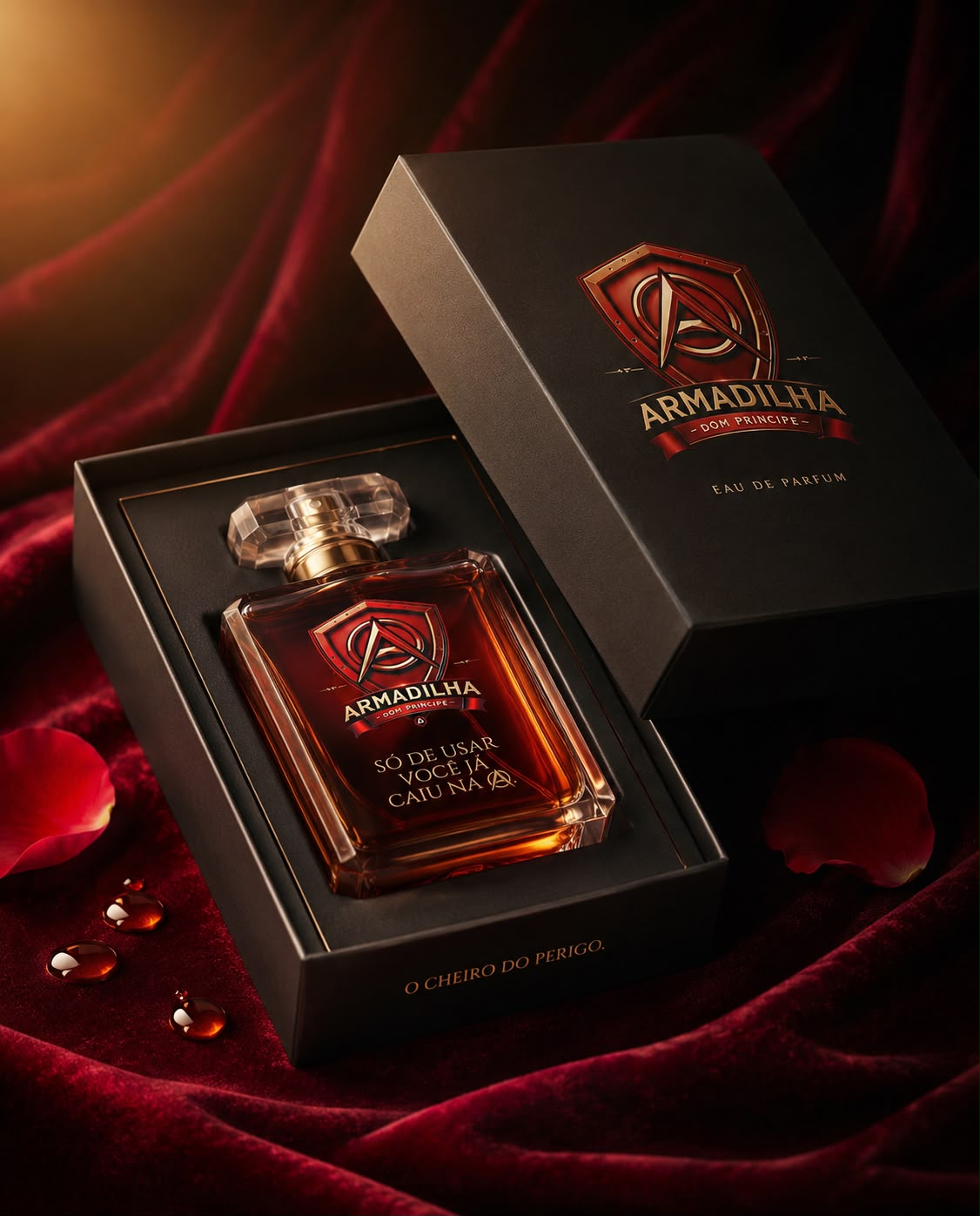 Caixa e frasco do perfume Armadilha® Dom Príncipe sobre veludo vinho